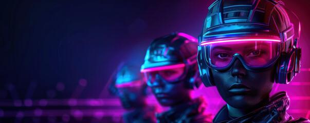 Cyberpunk backtoschool banner with students in futuristic outfits, neon lights, hightech gadgets, dark color palette, digital art