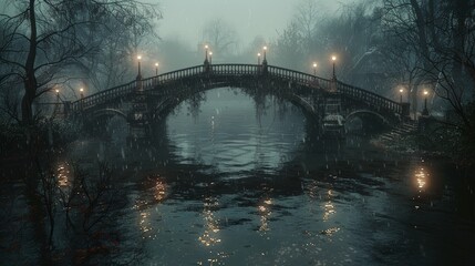 An empty bridge over a river at night, with only the sound of water below and faint lights in the distance.