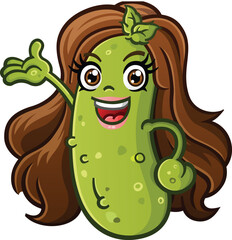 Pickle female girl cartoon character with brown hair and a big smile on her face holding her hand out with open arms