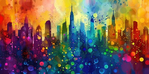 Abstract illustration, City with skyscrapers. Illustration Stained with paint. Oil imitation. rainbow spots.