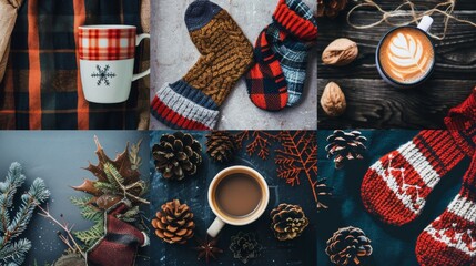 Cozy Winter Mornings. Hot Beverages, Woolen Socks, and Seasonal Decorations