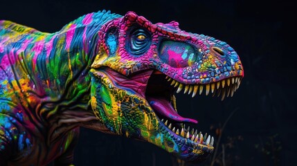 Obraz premium Abstract of Tyrannosaurus rex or T-rex dinosaur portrait in Cretaceous period with multi colored colorful on skin body paint