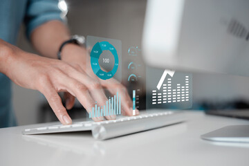Businessman show investment growth graph chart and analysing growth achievement diagram data...