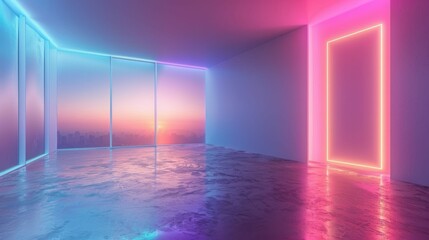 Neon lights illuminate a modern empty room with a cityscape view.