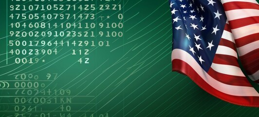 Digital American flag overlay with green background and numbers representing technology and data
