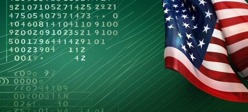 Digital American flag overlay with green background and numbers representing technology and data