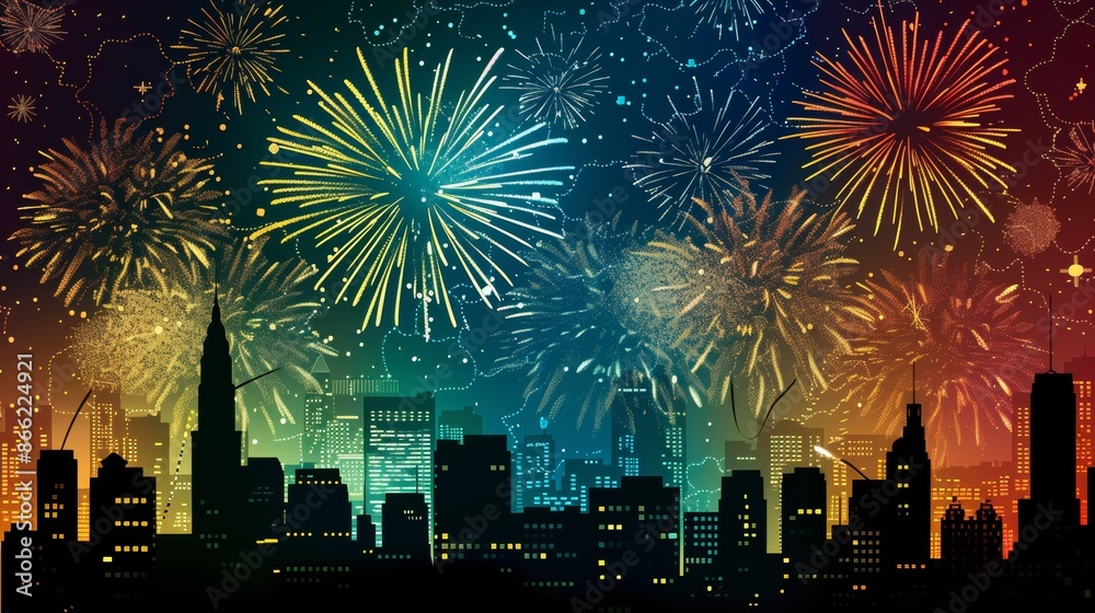 Poster bright fireworks exploding in a variety of shapes and colors above a cityscape, with silhouetted bui