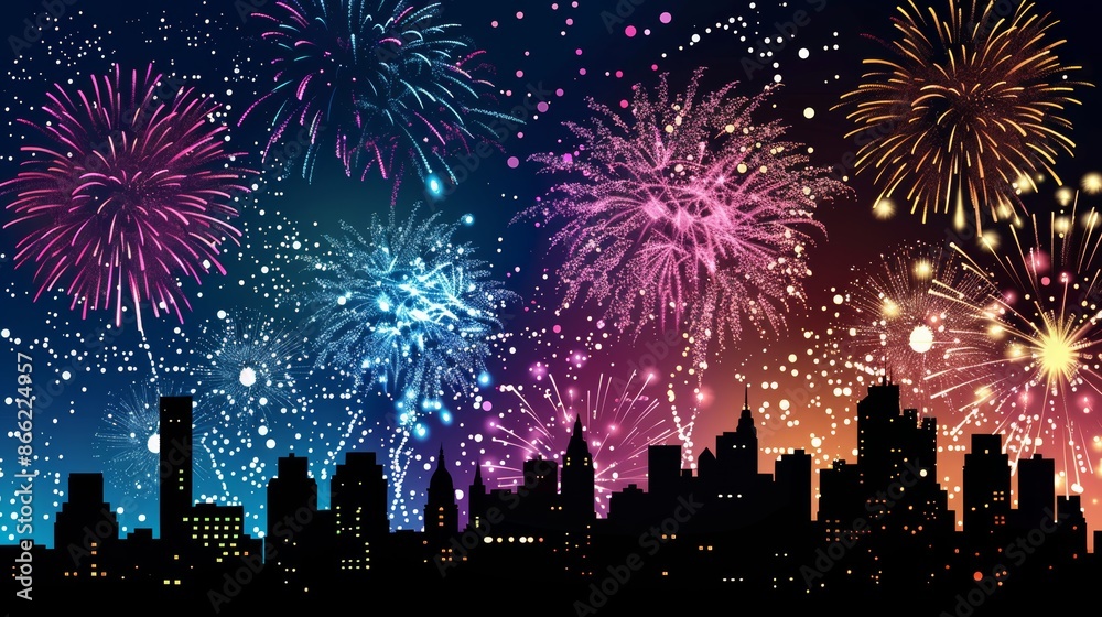 Poster bright fireworks exploding in a variety of shapes and colors above a cityscape, with silhouetted bui