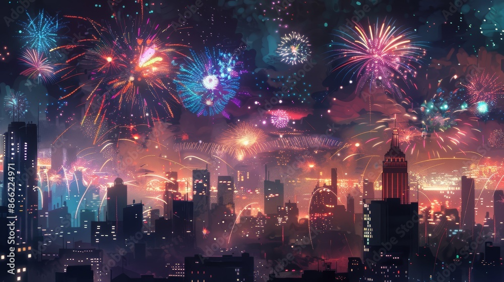 Poster bright fireworks exploding in a variety of shapes and colors above a cityscape, with silhouetted bui