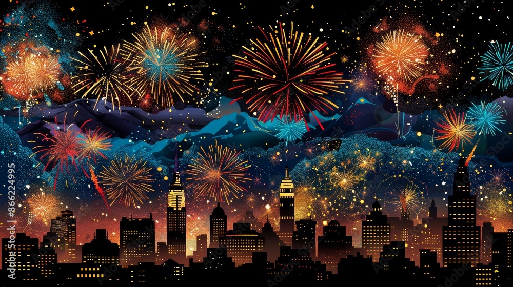 Poster bright fireworks exploding in a variety of shapes and colors above a cityscape, with silhouetted bui