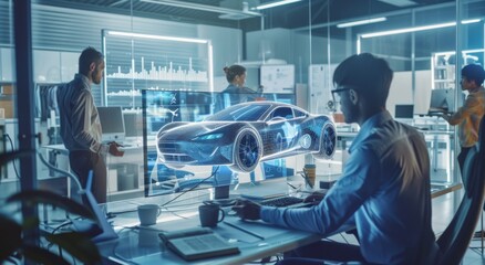 Team of engineers designing a 3D holographic car prototype in a modern high-tech office