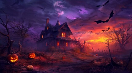 Spooky Haunted House at Sunset with Eerie Atmosphere and Flying Bats on Halloween Night