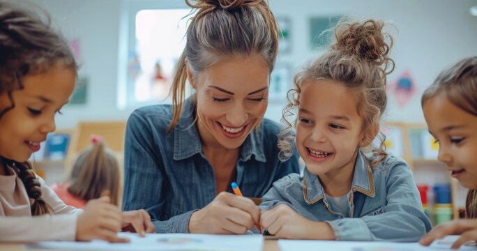 Smiling teacher helping students in classroom with diverse children learning together