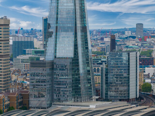 Close up view of the Shard skyscraper in London. The tallest building in the EU. Business center of London.