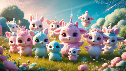 Naklejka premium A group of cartoon lambs and bunnies playing in a sunny meadow