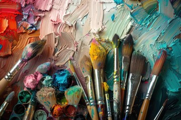 Fototapeta premium Aesthetic background adorned with an array of paint brushes and a palette of different colored pastel paints