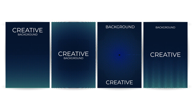 set of four abstract backgrounds featuring concentric dot patterns in varying shades of blue and green on dark blue backdrops.