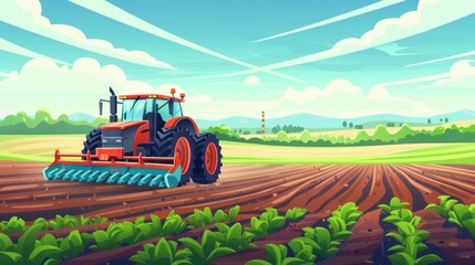 Fototapeta premium Agricultural robots working in a field. Funny cute illustration.