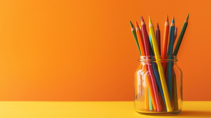 A colorful minimalist jar filled with colored pencils, placed in the bottom right corner of an orange background, providing space for text on the top left.