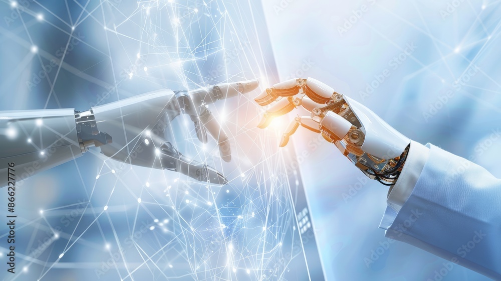 Poster Close-up of human and robot hands connecting with holographic data streams in the background, illustrating AI collaboration