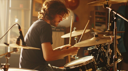 Fototapeta premium Dynamic Drummer Performing Live Music on Drums with Passion and Precision.