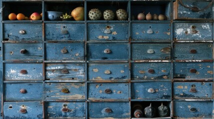 Vintage Blue Wooden Drawers with Weathered Texture