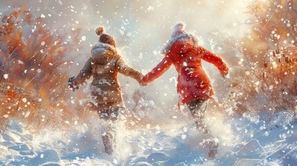 Couple having a playful snowball fight in a winter landscape
