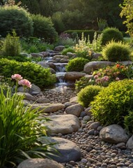 Garden background with river and green grass