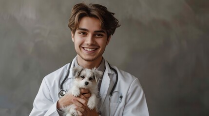 A young man in a white lab coat is smiling and holding a small dog