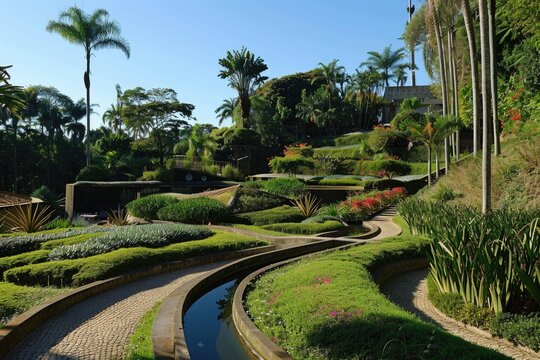 Landscape Garden at Sitio Roberto Burle Marx Site, a UNESCO World Heritage in Rio de Janeiro, Brazil