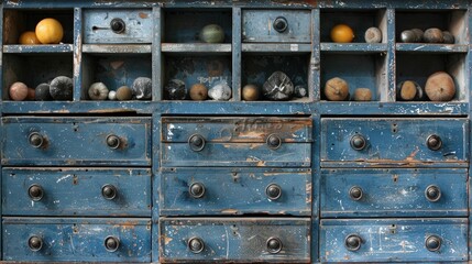 Blue Wooden Cabinet with Drawers and Compartments