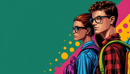 Vintage comicstyle backtoschool banner with actionpacked scenes of students, bold colors, comic book art