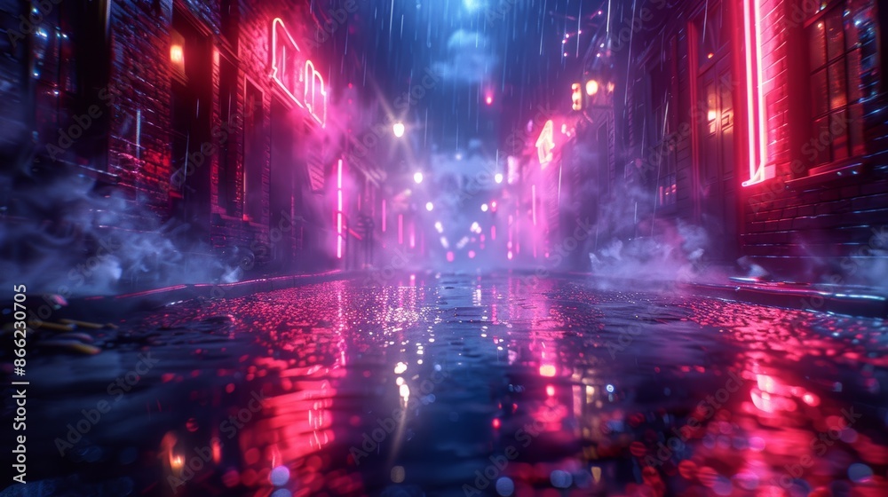Poster dark and empty alley with neon lights reflecting on wet surfaces and smoke swirling around.