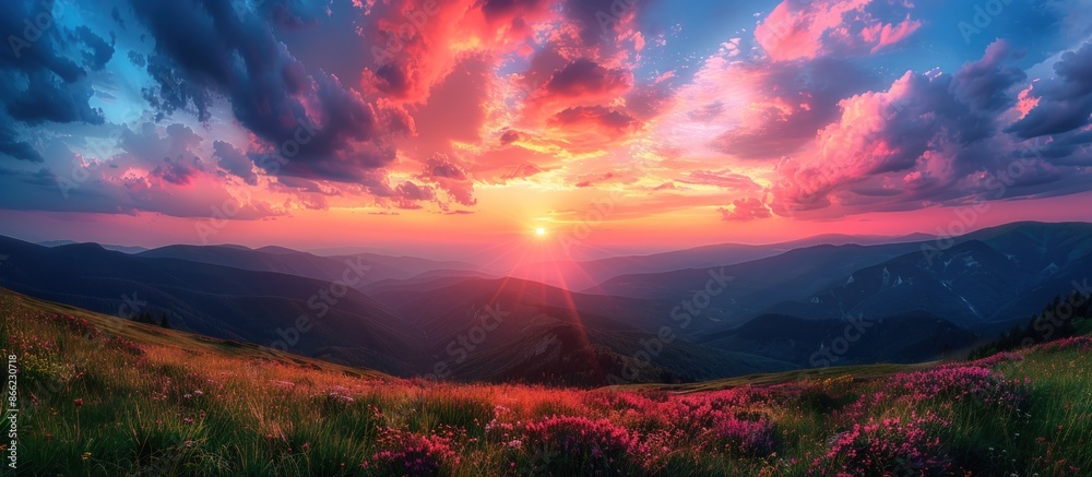 Wall mural Mountain Sunset with Pink Clouds and Meadow