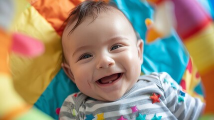 Obraz premium Delightful baby boy with a toothless smile lying on a colorful play mat