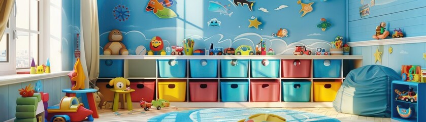 Obraz premium A playful childrens room with toy bins and colorful decor, Whimsical, Bright colors, Illustration, capturing fun and organization