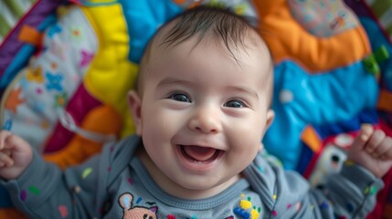 Obraz premium Delightful baby boy with a toothless smile lying on a colorful play mat