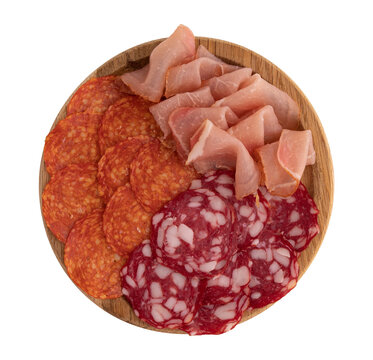 plate with pieces of sausage and balyk isolated