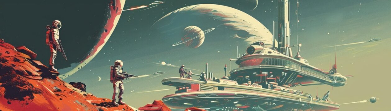 A retro space station orbiting a distant planet, with astronauts performing a spacewalk, Retrofuturism, Muted colors, Illustration, blending past and future space exploration
