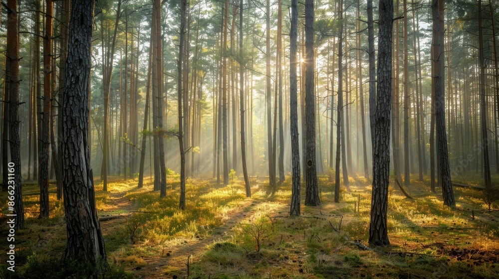 Poster Dense pine forest with a foggy backdrop and scattered light filtering through the branches