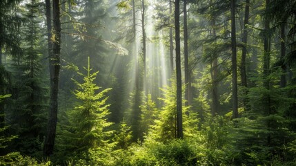 Dense forest with a variety of old spruce, fir, and pine trees, vibrant green foliage and sunlight filtering through the canopy