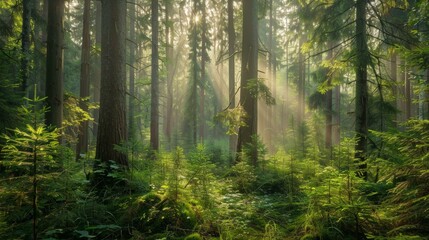 Obraz premium Dense forest with a variety of old spruce, fir, and pine trees, vibrant green foliage and sunlight filtering through the canopy