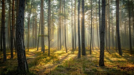 Dense pine forest with a foggy backdrop and scattered light filtering through the branches