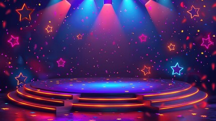 Illustration of a talent show stage, ample copy space, icons of stars and confetti