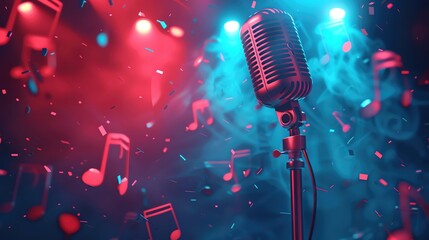 Illustration of a karaoke contest with a spotlighted microphone, ample copy space, icons of music notes