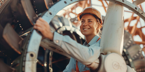 Naklejka premium Junge Technikerin arbeitet an großem Triebwerk