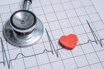 Closeup image of a stethoscope and red heart on a electrocardiogram (ECG) printout. The ECG graph shows a normal sinus rhythm. Healthy heart, wellbeing concept.