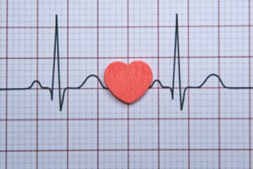 Closeup image of a red heart on a electrocardiogram (ECG) printout. The ECG graph shows a normal sinus rhythm. Healthy heart, wellbeing concept.