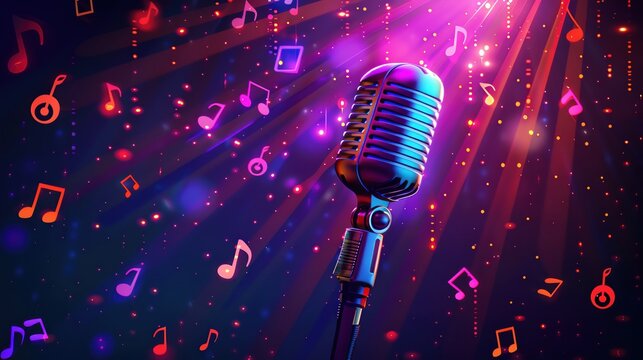 Illustration of a karaoke contest with a spotlighted microphone, ample copy space, icons of music notes