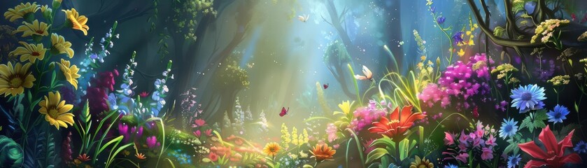 Fototapeta na wymiar A whimsical garden scene with oversized flowers and tiny fairies, Fantasy, Pastel colors, Digital painting, creating a magical and enchanting atmosphere